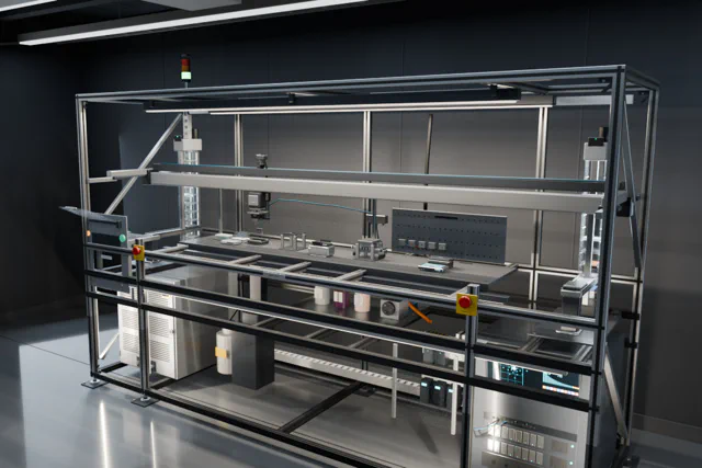 A rendered model of OpenSDL's reference laboratory cell, a T-slot frame with a gantry over a bench of instruments and plate magazines. A simulation, not a photograph.