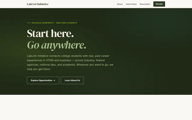 Home page of the LabLink Initiative website, with the headline "Start here. Go anywhere." and buttons to explore opportunities and learn about the organization.