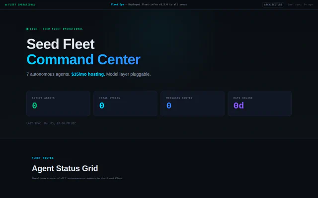 Screenshot of the Seed Fleet dashboard, titled Command Center, showing the tagline "7 autonomous agents. $35/mo hosting. Model layer pluggable." above four counter tiles for agents, cycles, messages and days online.
