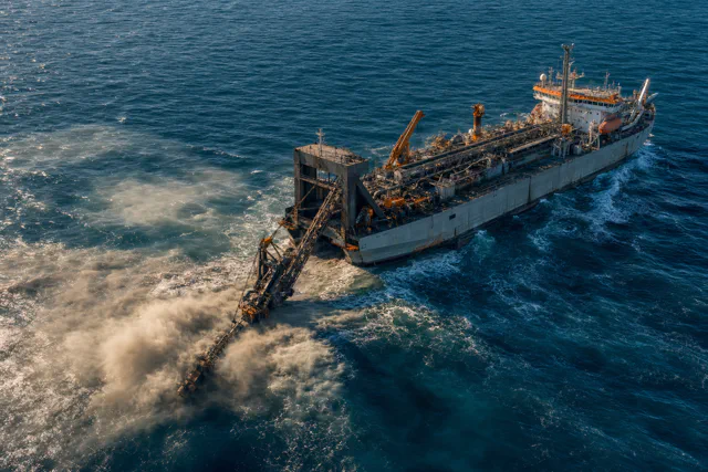 Hopper dredger at sea with its suction arm lowered into a plume of churned sand.