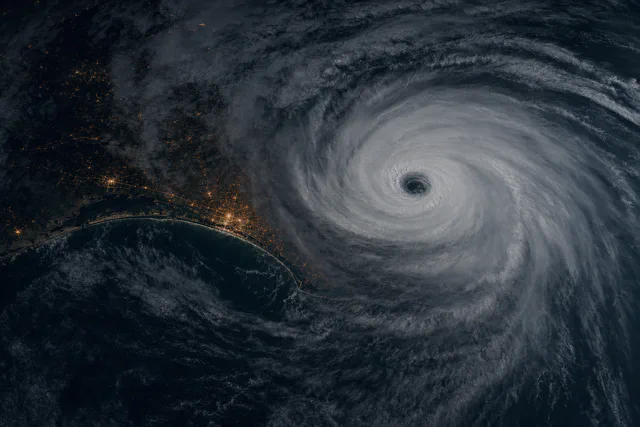 Night satellite view of a hurricane with a clear eye, moving toward a coastline lit by city lights.