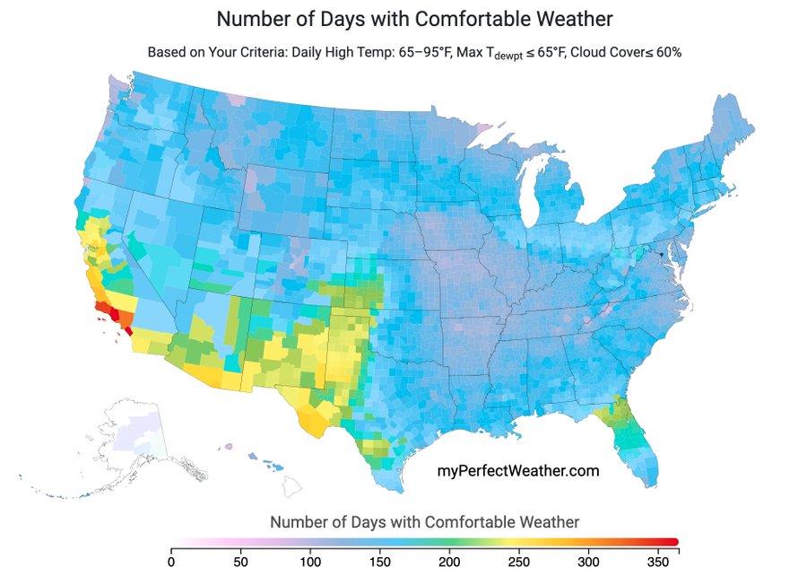 Baseline weather comfort across the contiguous United States. Most of the country experiences comfortable weather only a fraction of the year.