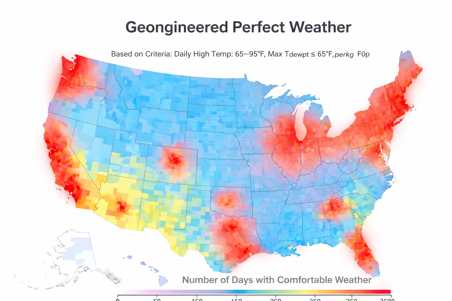 A notional map of the same country if localized modification programs could extend comfortable weather regionally. The honest version of the technology is far narrower than the imagined version.