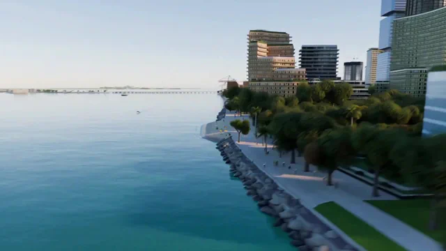 An imagined waterfront district with buildings, trees and construction areas.