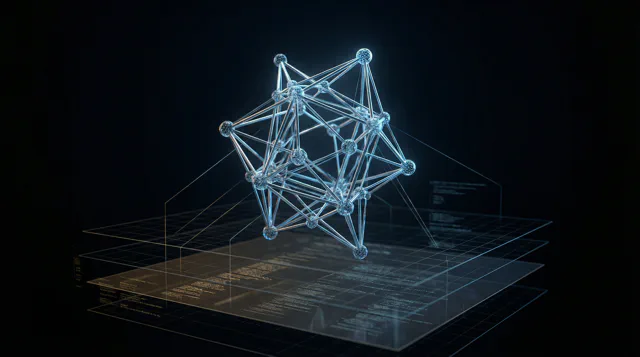 Abstract wireframe polyhedron of glowing nodes and struts hovering above stacked translucent panels of text and grid lines, on a dark background.