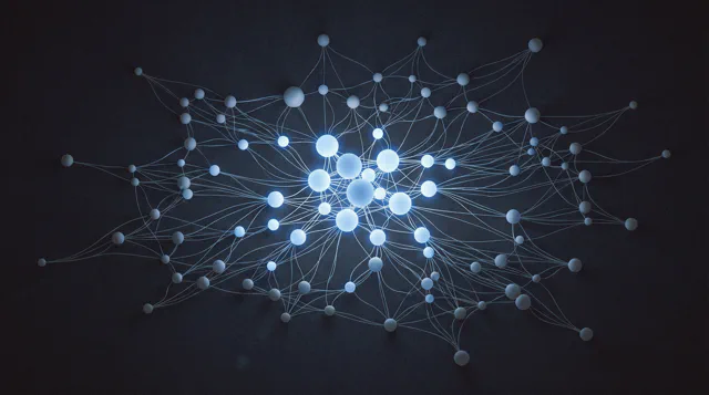 Abstract network of glowing spheres joined by fine lines on a dark background, dense and bright at the center and sparse toward the edges.